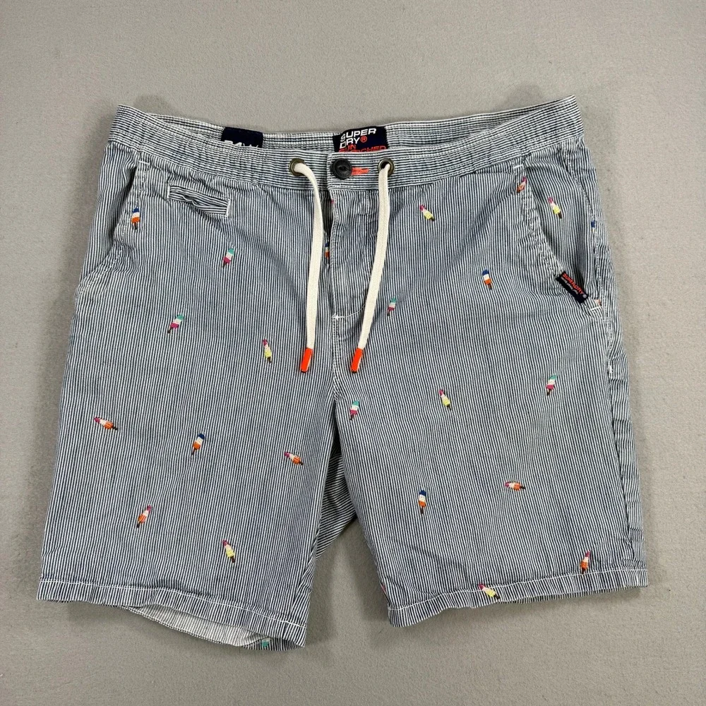 Superdry Chino Short Mens 34 Blue White Sun Scorched Popsicle Regular Fit Casual